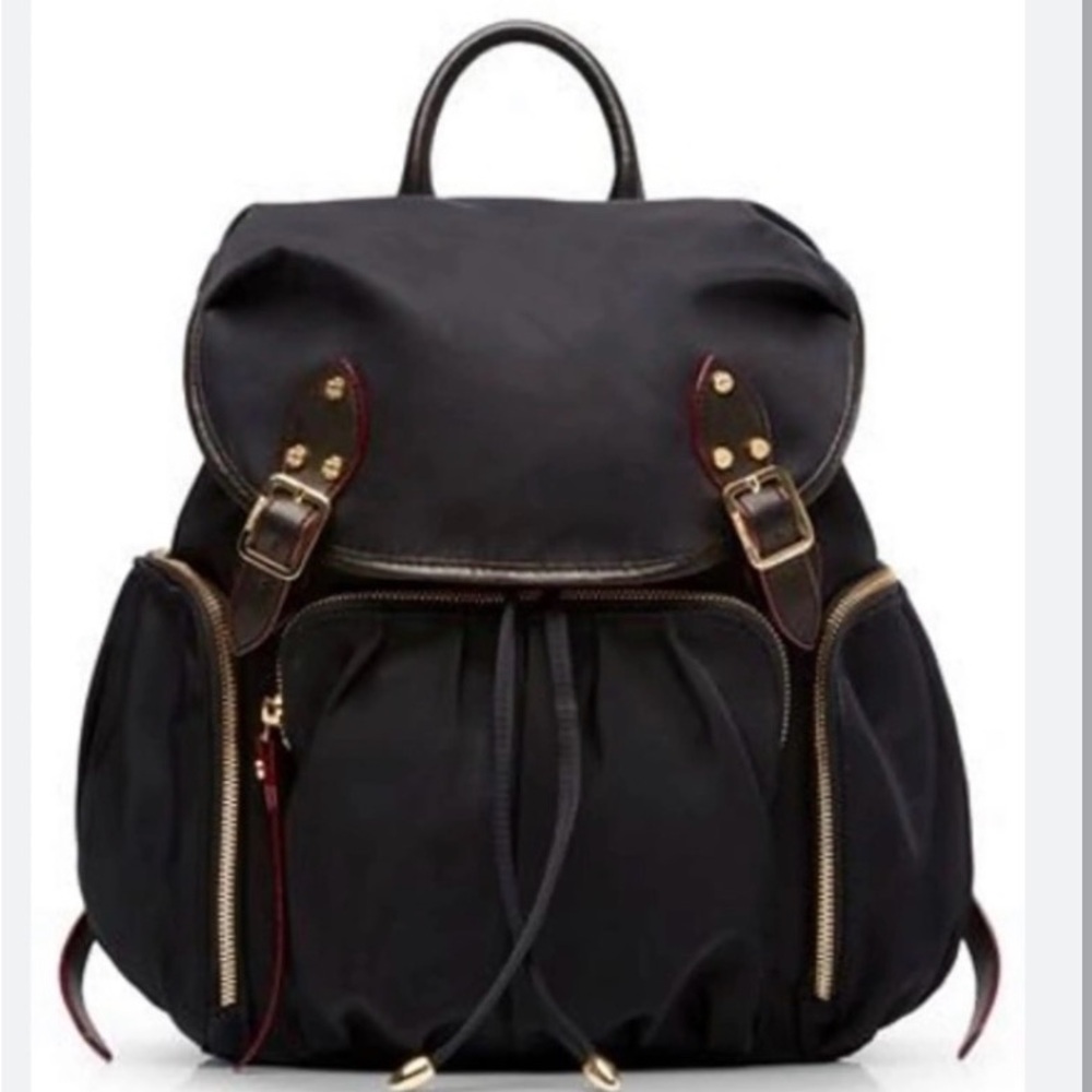 MZ Wallace Marlena Black Backpack with red and gold accent